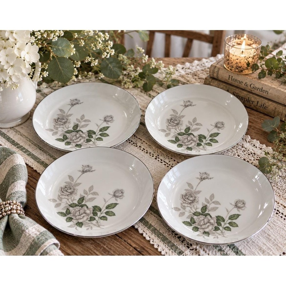 Vintage Sone Gray Pearl 7.75" Bread Salad Plates Set of 4 MCM Floral Silver trim